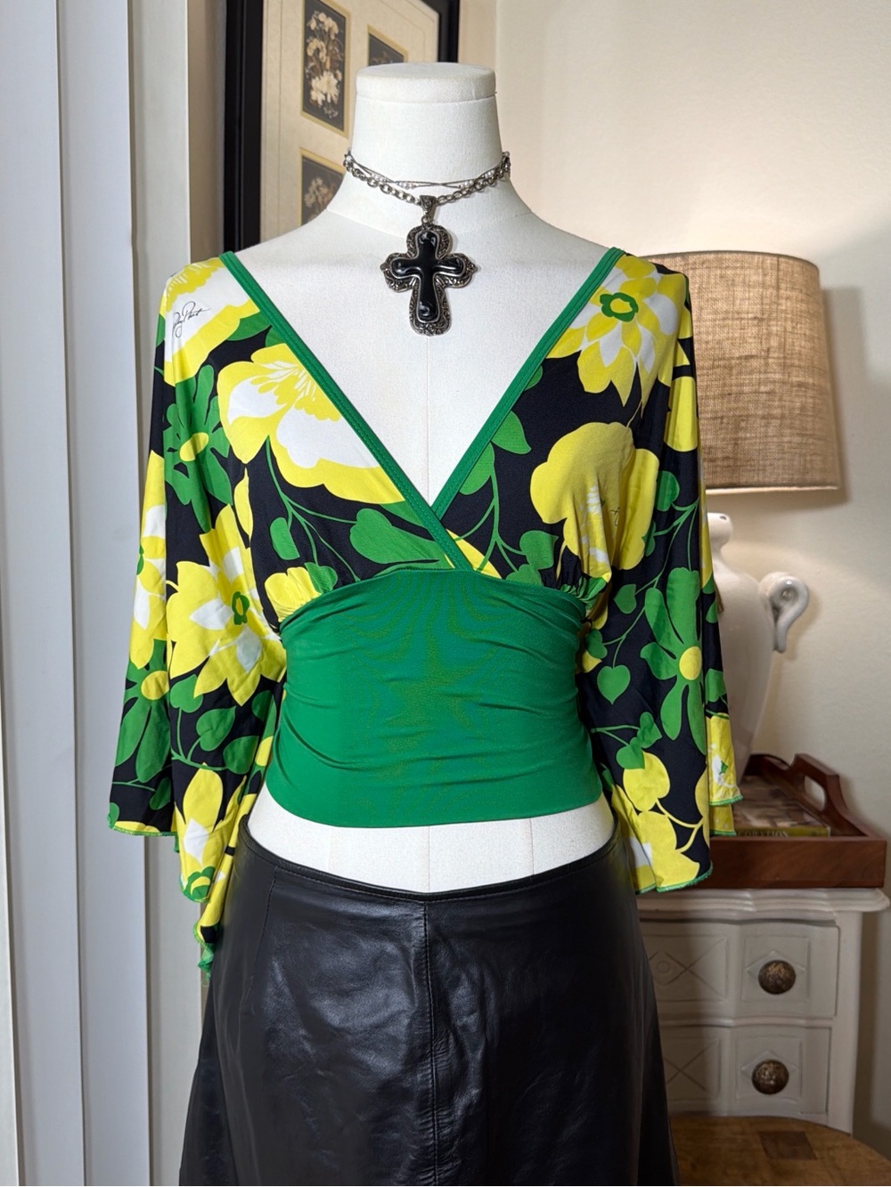 Baby Phat Green and Yellow Floral Kimono Wrap Style Crop Top
